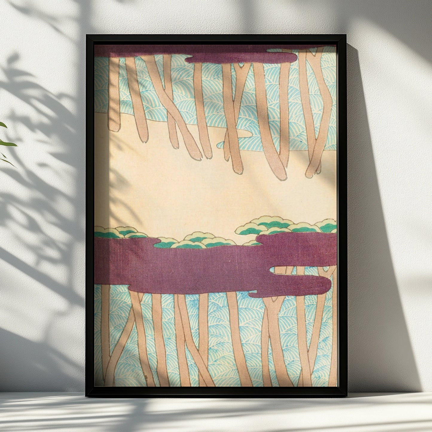 Japanese Woodblock Wall Art, Vintage Pine Tree Print, Bijutsukai 1901, Japandi Poster – A4 Black frame
