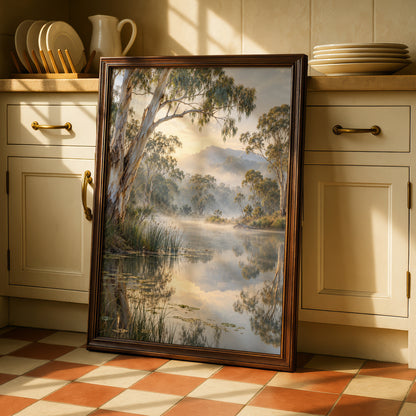 Australian Landscape Print, Misty River Gum Trees, Nature Wall Art, Eucalyptus Waterscape Poster