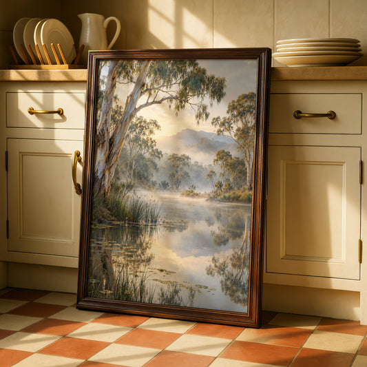 Australian Landscape Print, Misty River Gum Trees, Nature Wall Art, Eucalyptus Waterscape Poster