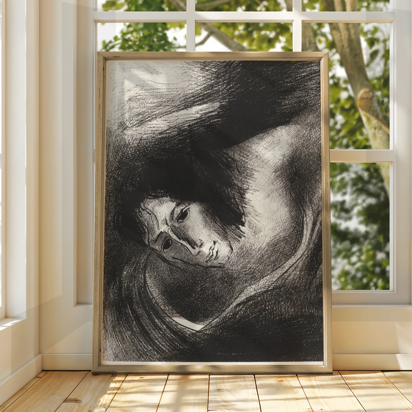 Halloween Gothic Face Art Print, Dark Surreal Poster, Odilon Redon Style, Black White Spooky Wall