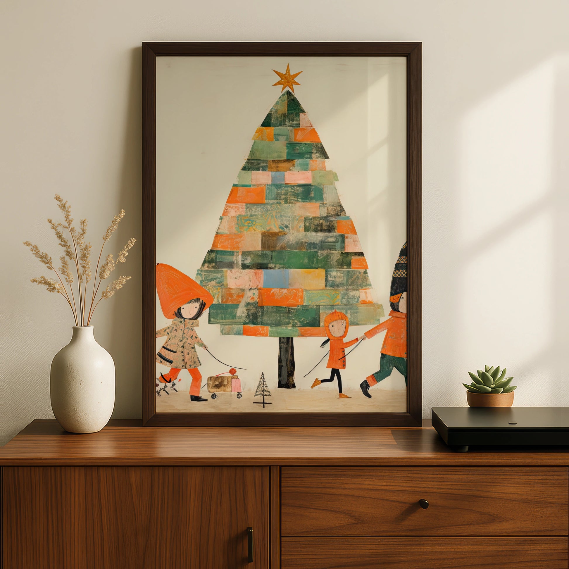 Christmas Tree Poster, Colourful Collage Kids Festive Wall Art, Retro Xmas Print