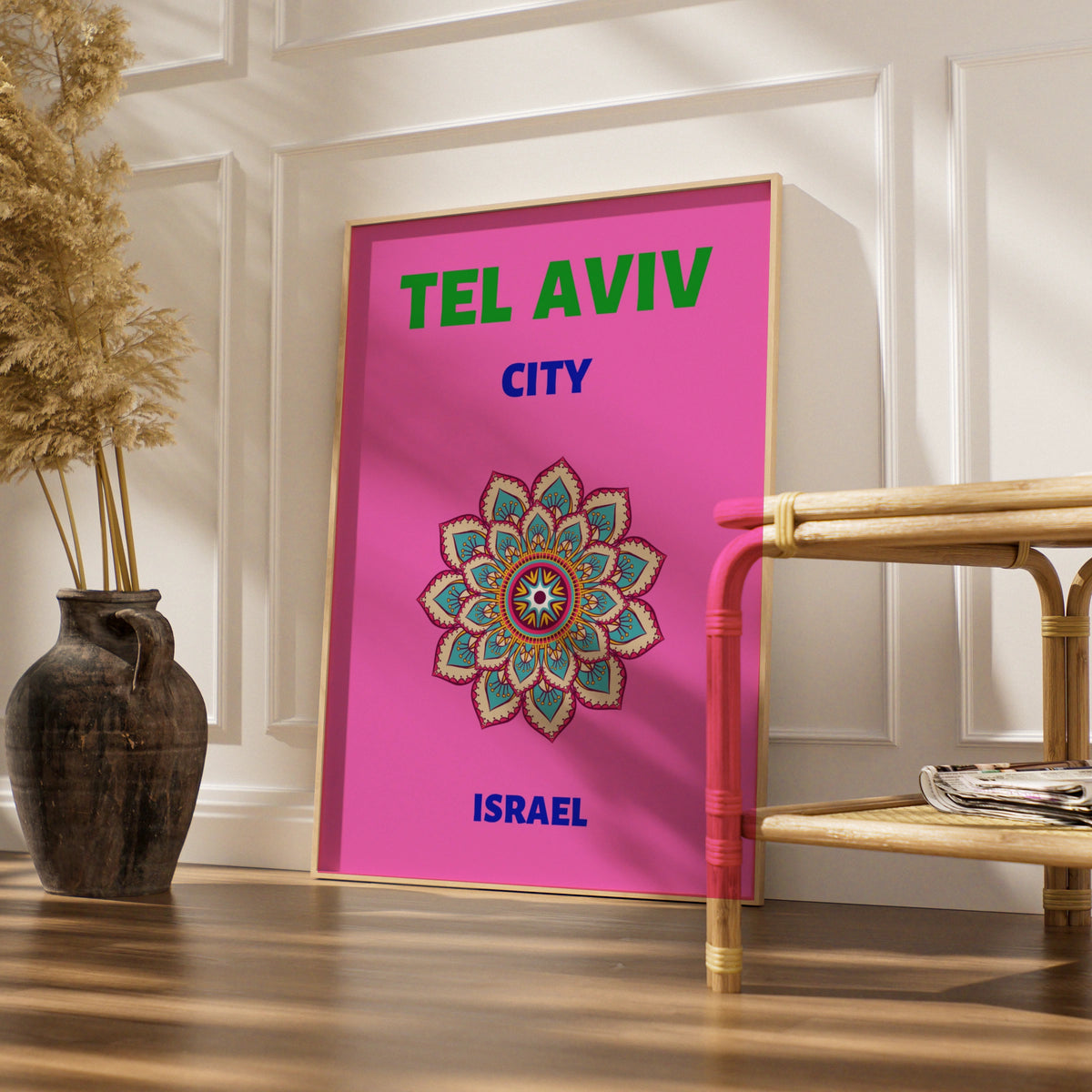 Tel Aviv Travel Poster, Israel Wall Art, Mandala Print, Retro City Decor, Bold Pink