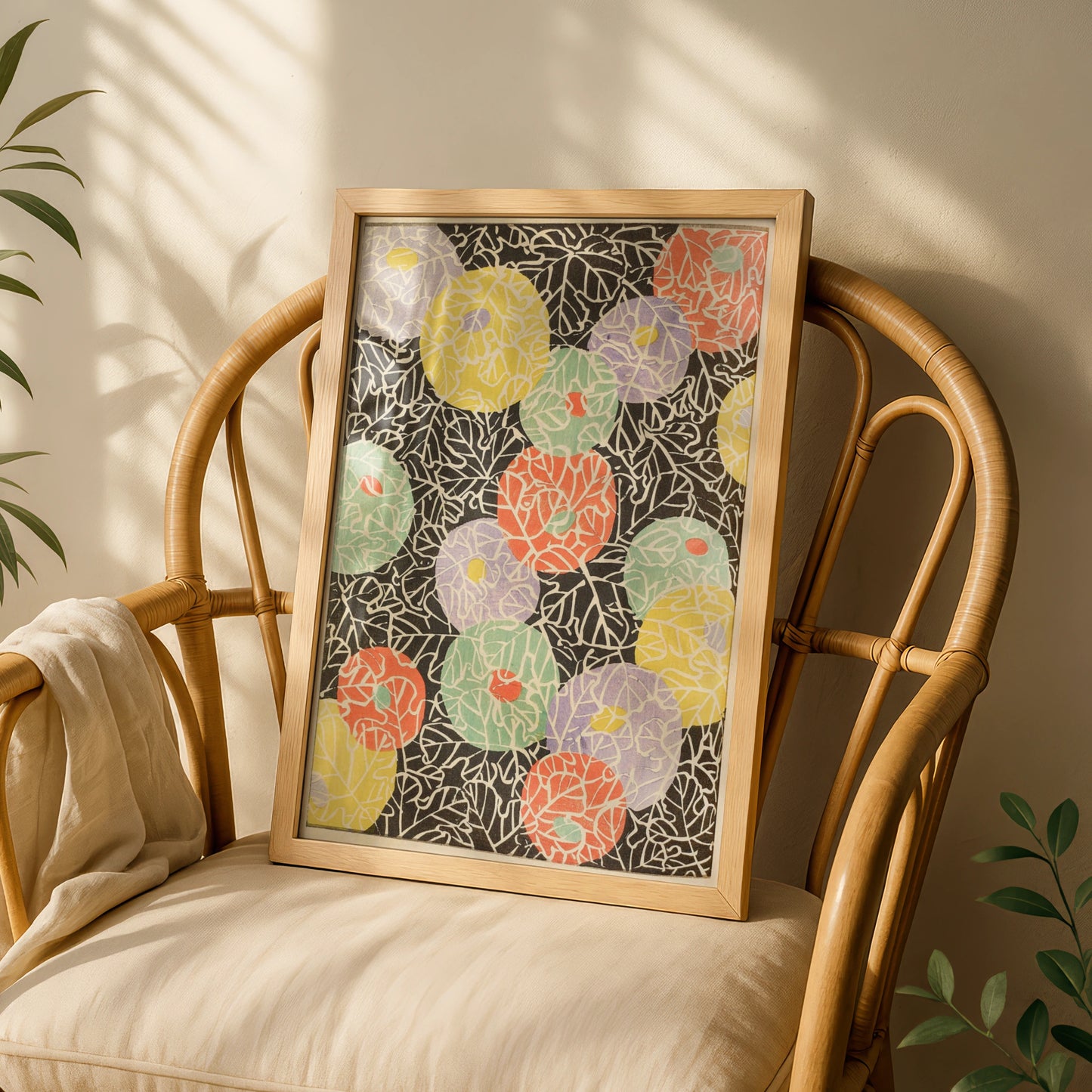 Japanese Botanical Print, Vintage Woodblock Wall Art, Floral Japandi Poster, Colourful Leaf Pattern – A5 White frame
