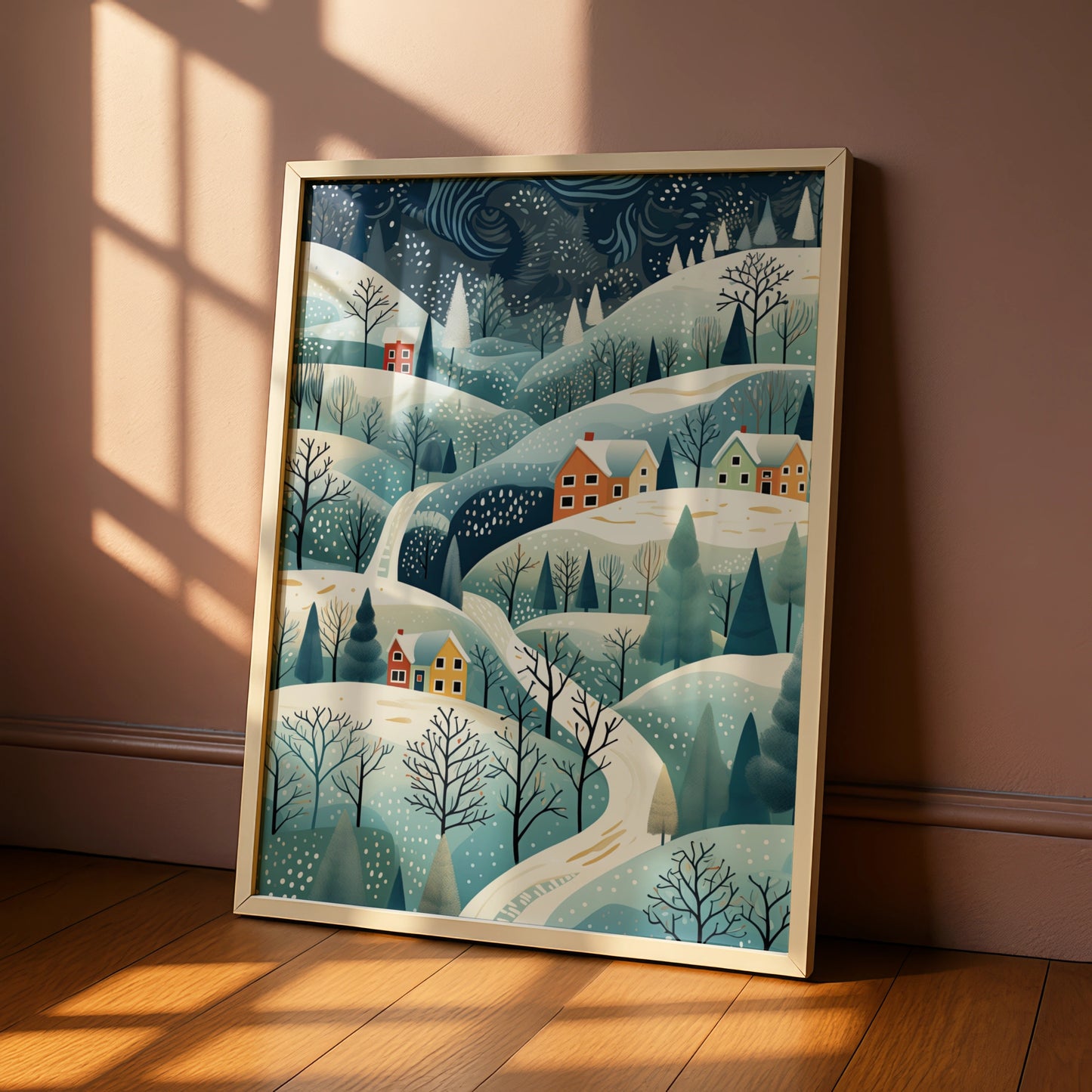 Christmas Village Poster, Snowy Winter Landscape Print, Festive Holiday Wall Art, Scandi Xmas Decor