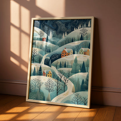 Christmas Village Poster, Snowy Winter Landscape Print, Festive Holiday Wall Art, Scandi Xmas Decor