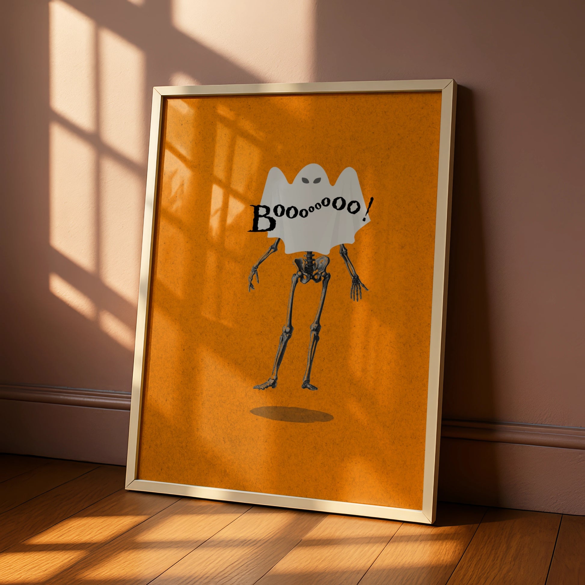 Halloween Ghost Skeleton Poster, Funny Boo Wall Art, Spooky Orange Halloween Print