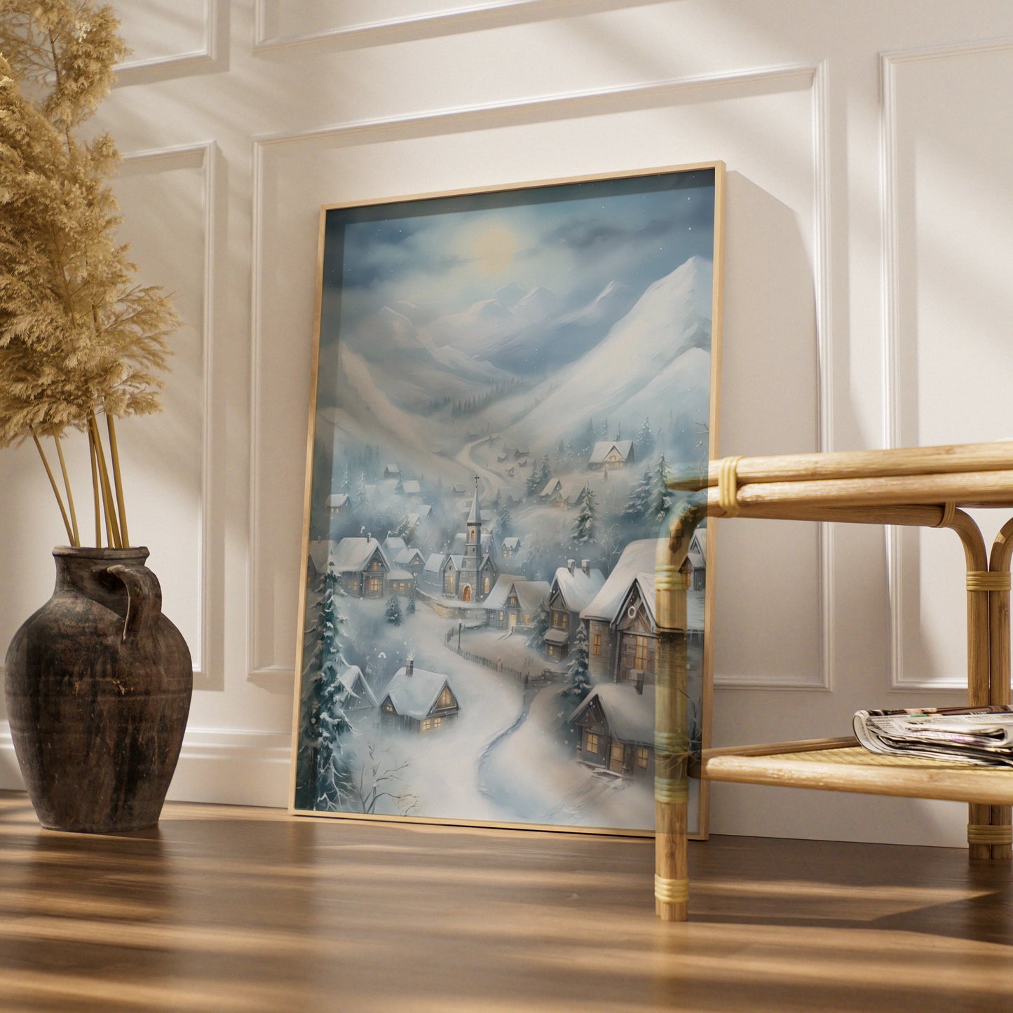 Christmas Village Poster, Snowy Winter Scene Wall Art, Festive Holiday Print, Blue Grey Cottage