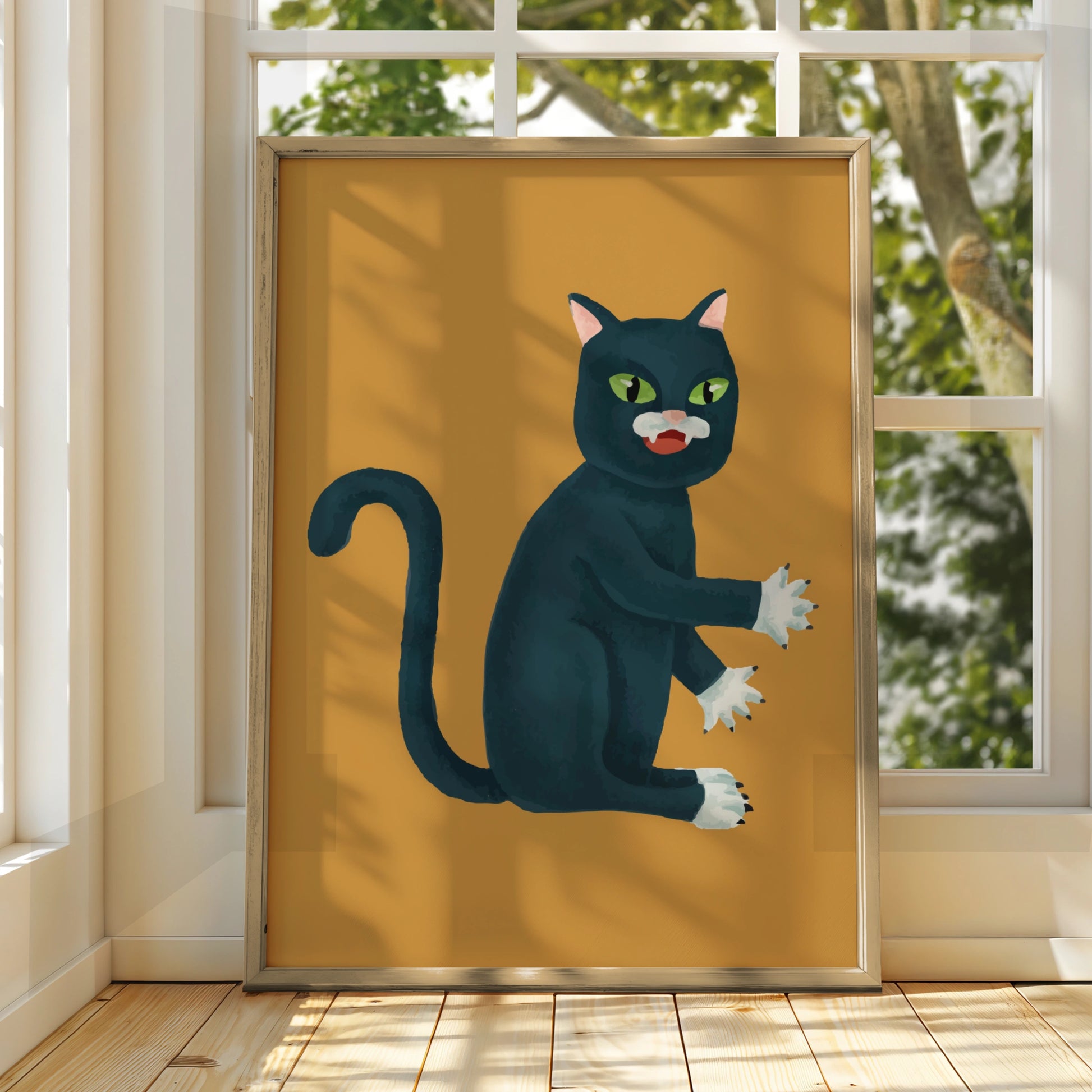 Halloween Black Cat Poster, Spooky Cat Wall Art, Witchy Cat Print, Mustard Orange Decor