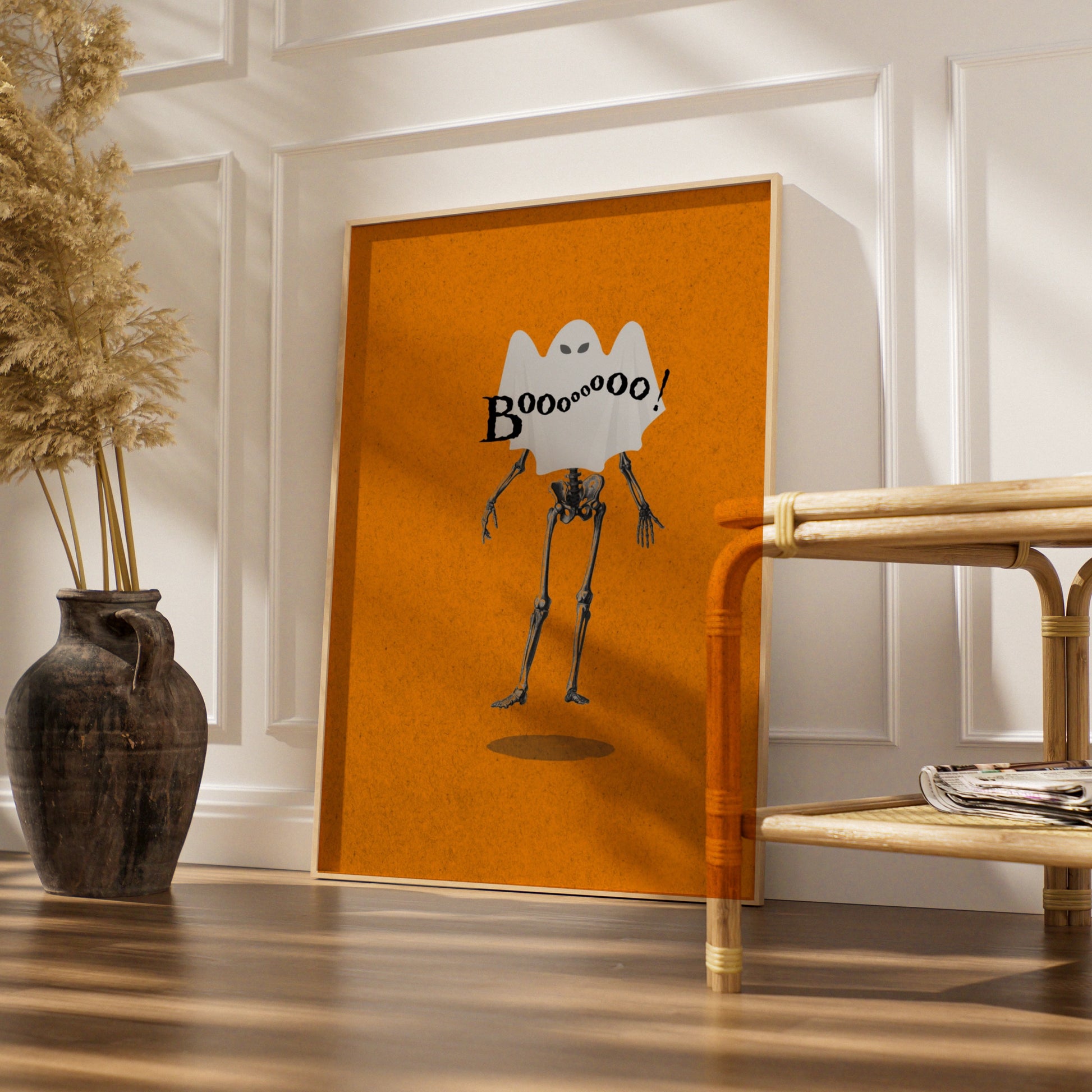 Halloween Ghost Skeleton Poster, Funny Boo Wall Art, Spooky Orange Halloween Print
