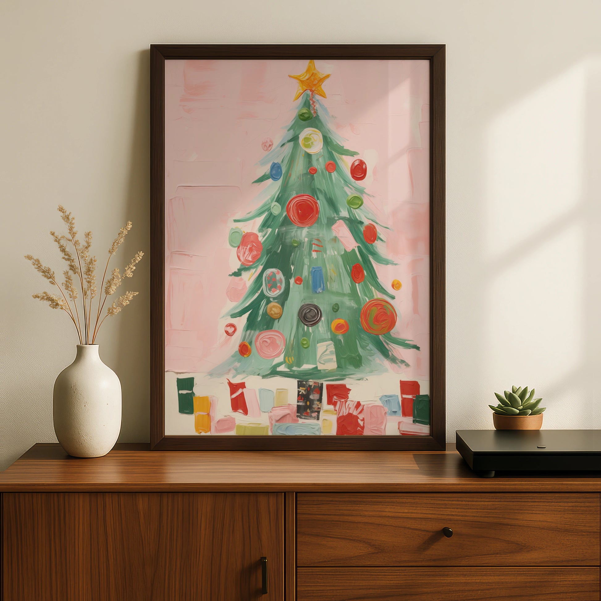 Christmas Tree Poster, Colourful Baubles Pink Wall Art, Festive Holiday Print, Xmas Gallery Decor