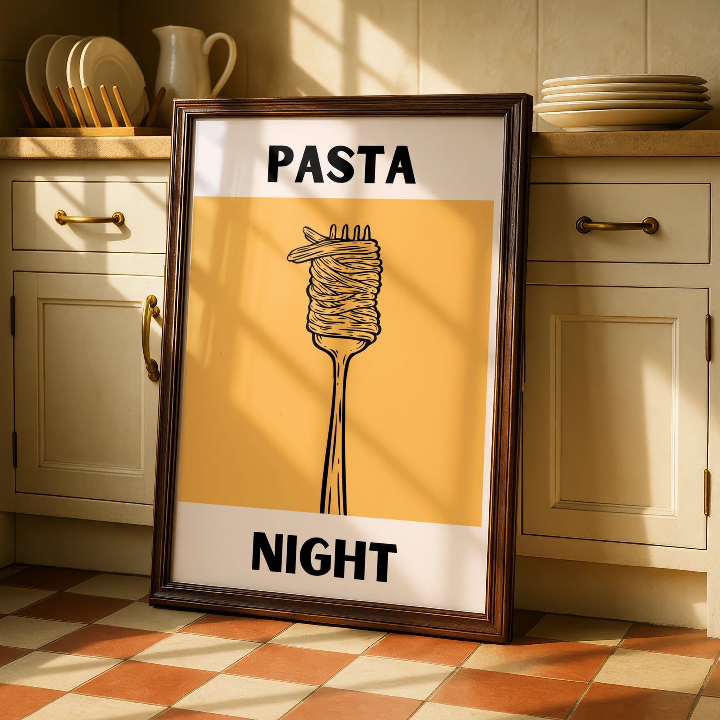 Pasta Night Kitchen Poster, Bold Spaghetti Fork Print, Modern Food Wall Art, Yellow Italian Decor