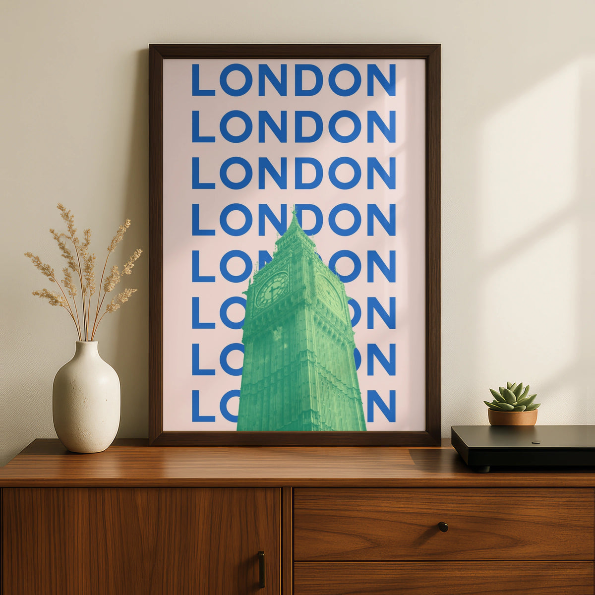 London Travel Poster, Big Ben Wall Art, Retro City Print, UK Bold Pink Blue Decor