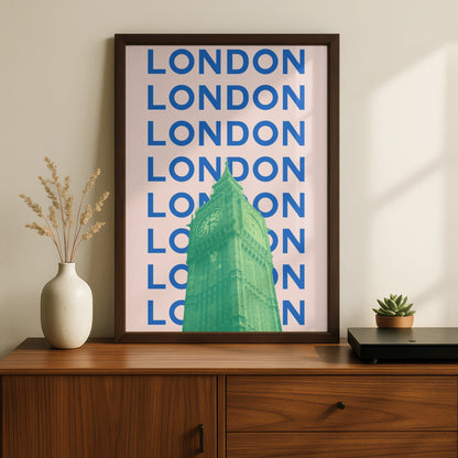 London Travel Poster, Big Ben Wall Art, Retro City Print, UK Bold Pink Blue Decor