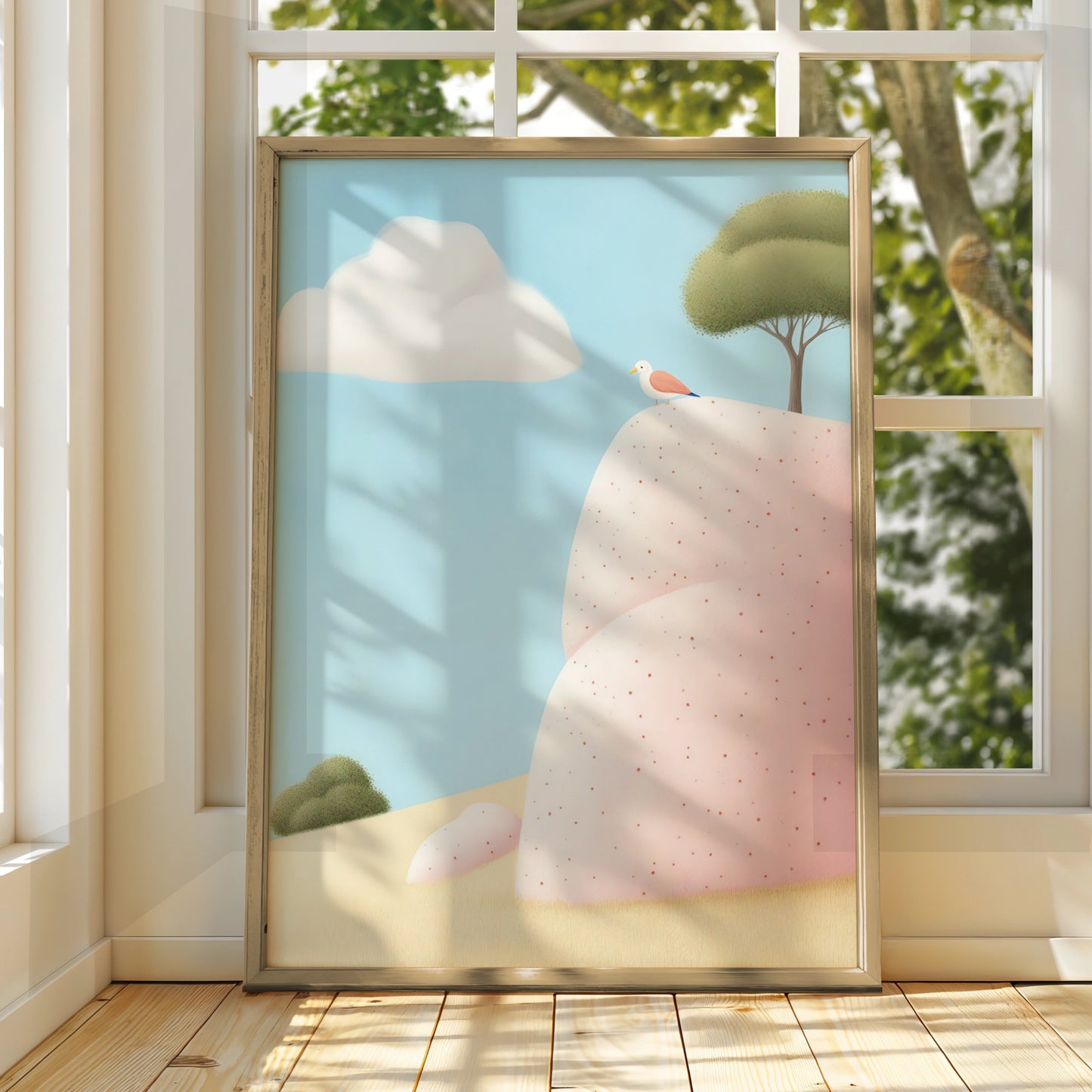 Bird on Pink Rock Nursery Wall Art, Whimsical Nature Print, Pastel Baby Room Poster