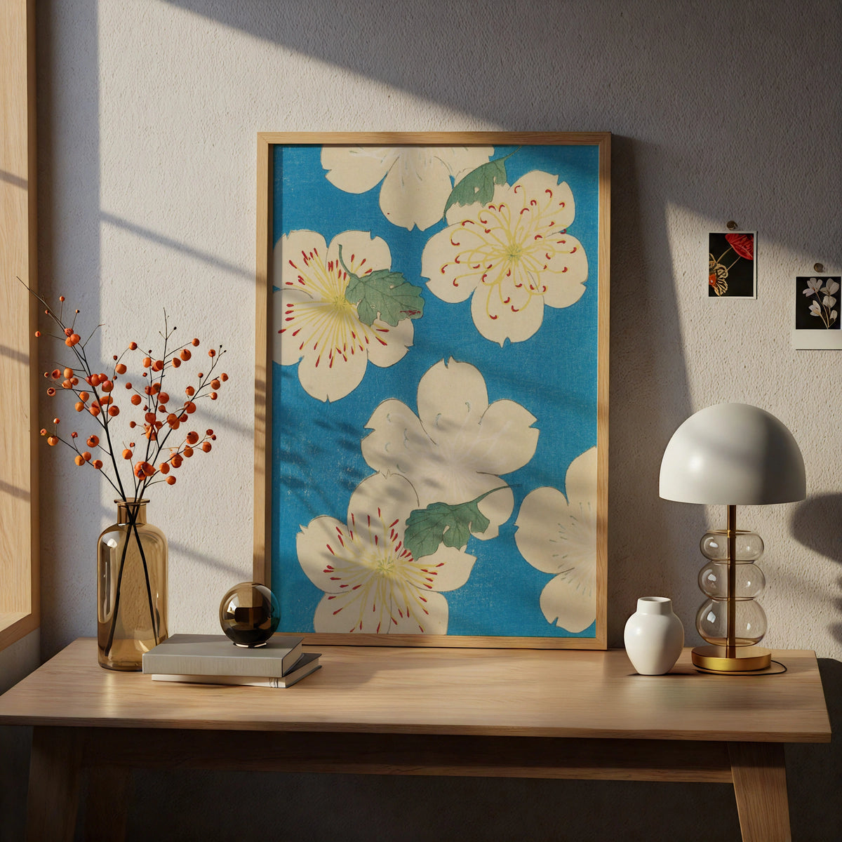 Japanese Botanical Print, Vintage Floral Woodblock Wall Art, Japandi Blue Flower Poster – A4 print