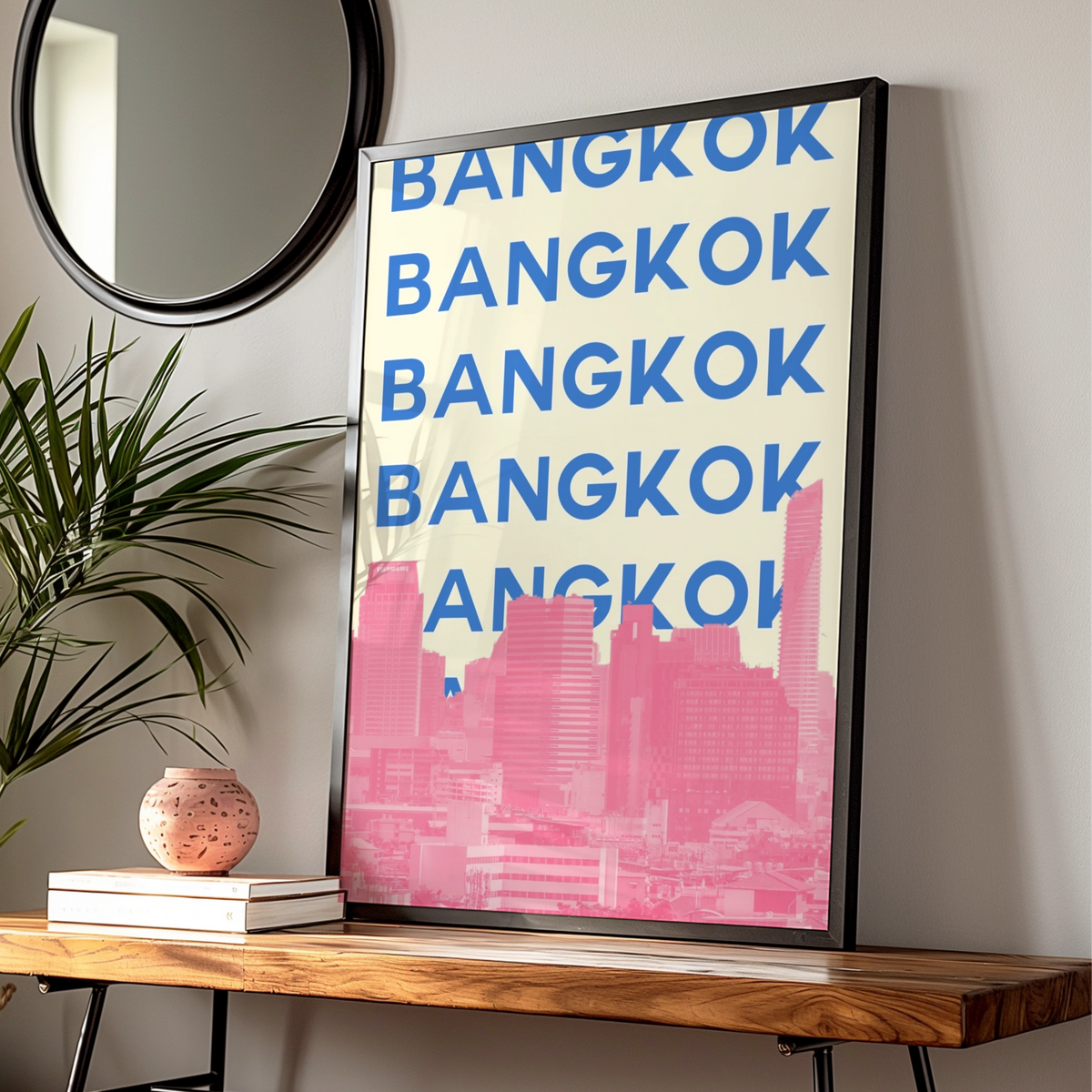 Bangkok Travel Poster, Thailand City Wall Art, Retro Skyline Print, Bold Typography Decor
