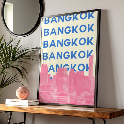 Bangkok Travel Poster, Thailand City Wall Art, Retro Skyline Print, Bold Typography Decor