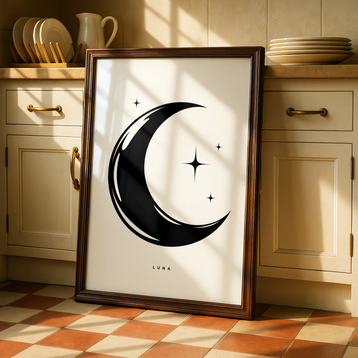 Luna Crescent Moon Print, Black and White Poster, Minimalist Star Wall Art, Celestial Monochrome
