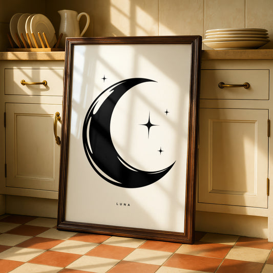 Luna Crescent Moon Print, Black and White Poster, Minimalist Star Wall Art, Celestial Monochrome