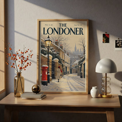 Vintage London Winter Street Poster, Snowy Wall Art, Red Post Box Art Print, Christmas Gift