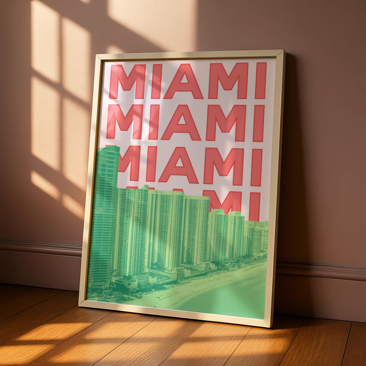 Miami Travel Poster, Florida Retro Wall Art, City Print, Pink Green Bold Typography Decor