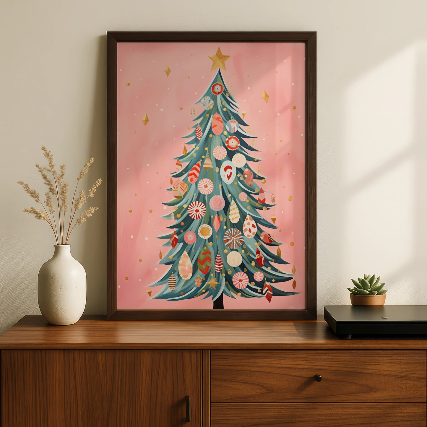 Pink Christmas Tree Poster, Festive Baubles Wall Art, Boho Xmas Print, Holiday Home Decor
