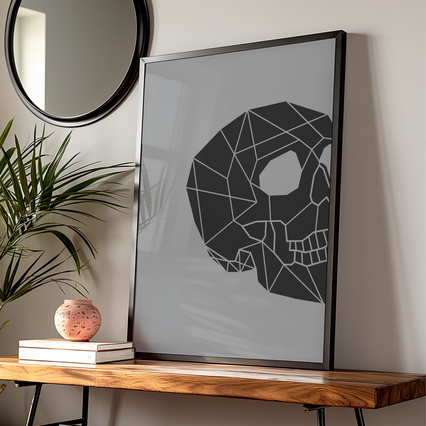 Geometric Skull Halloween Poster, Black Grey Minimalist Skull Wall Art Print