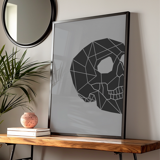 Geometric Skull Halloween Poster, Black Grey Minimalist Skull Wall Art Print