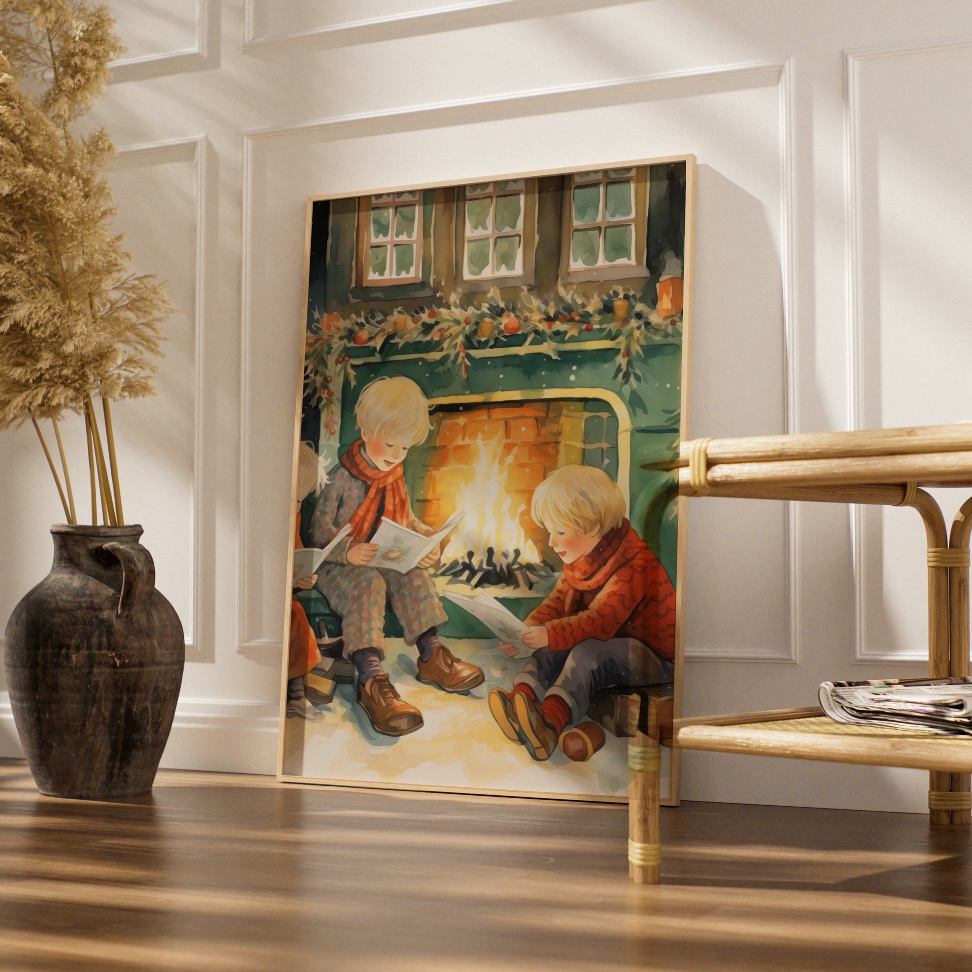 Christmas Fireplace Poster, Children Reading by Fire, Vintage Festive Wall Art Print