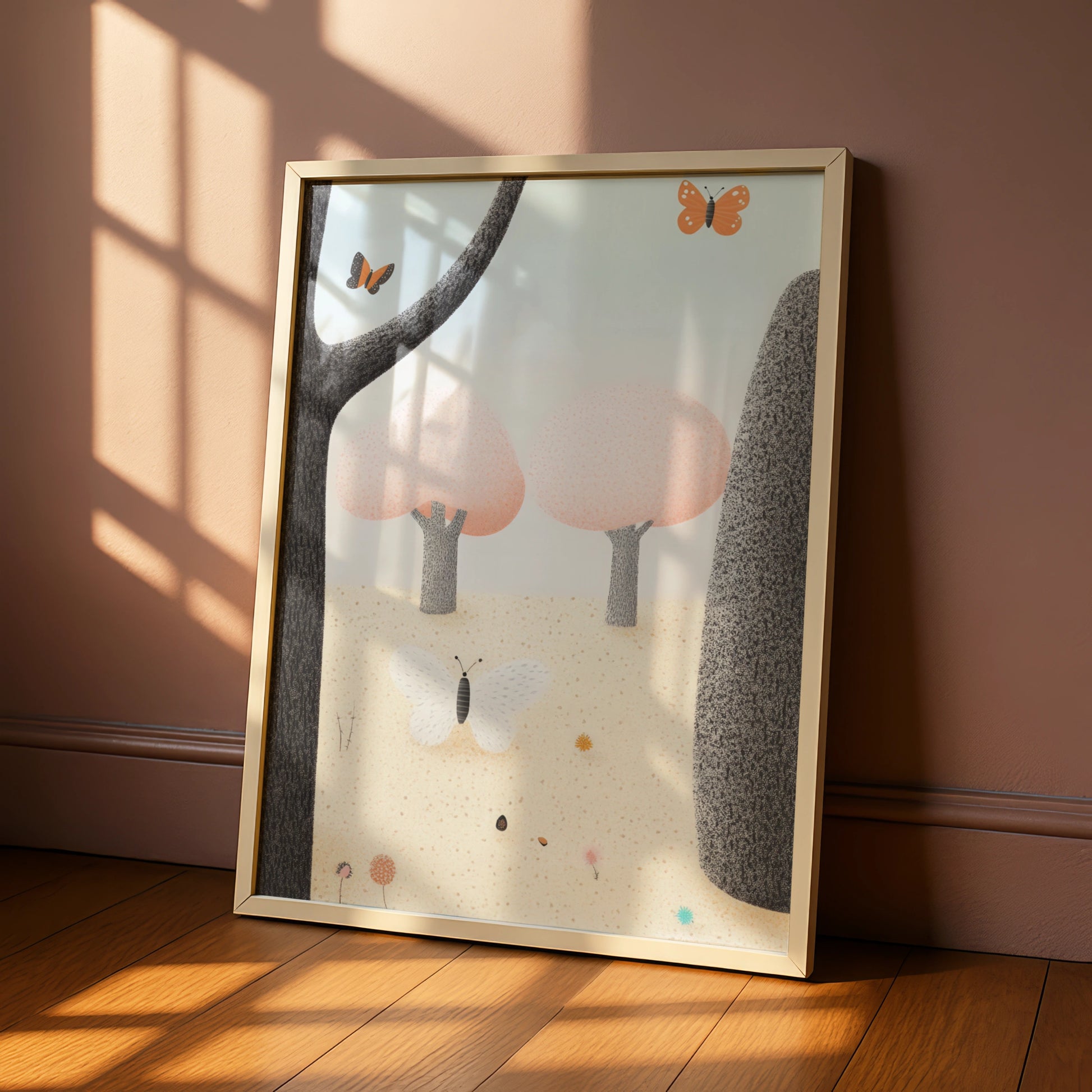 Butterfly Forest Nursery Wall Art, Pastel Nature Print, Baby Girl Room Poster, Woodland Decor