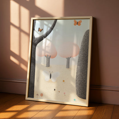 Butterfly Forest Nursery Wall Art, Pastel Nature Print, Baby Girl Room Poster, Woodland Decor