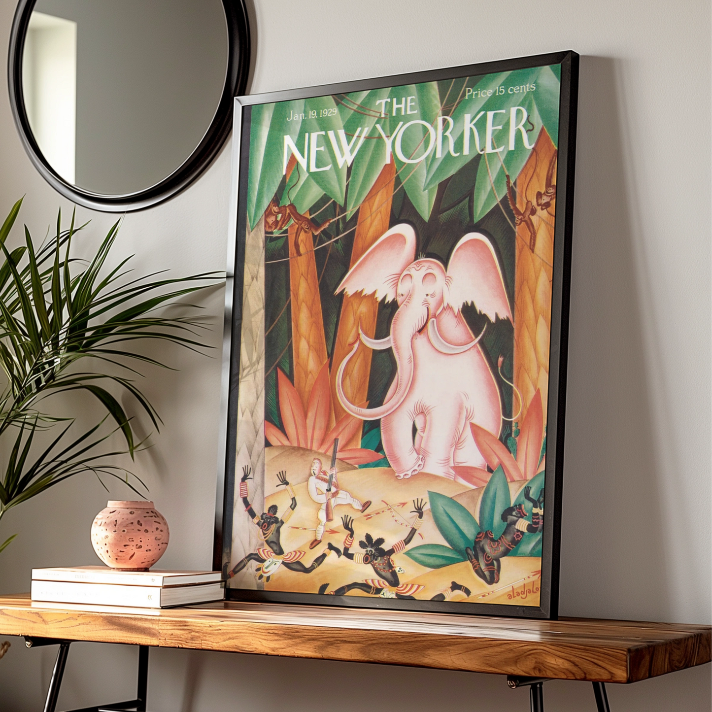 New Yorker 1929 Pink Elephant Jungle Cover Art Poster, Vintage Magazine Wall Art