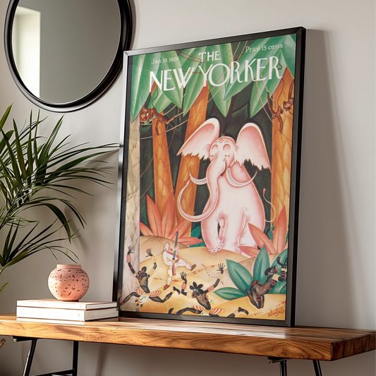 New Yorker 1929 Pink Elephant Jungle Cover Art Poster, Vintage Magazine Wall Art