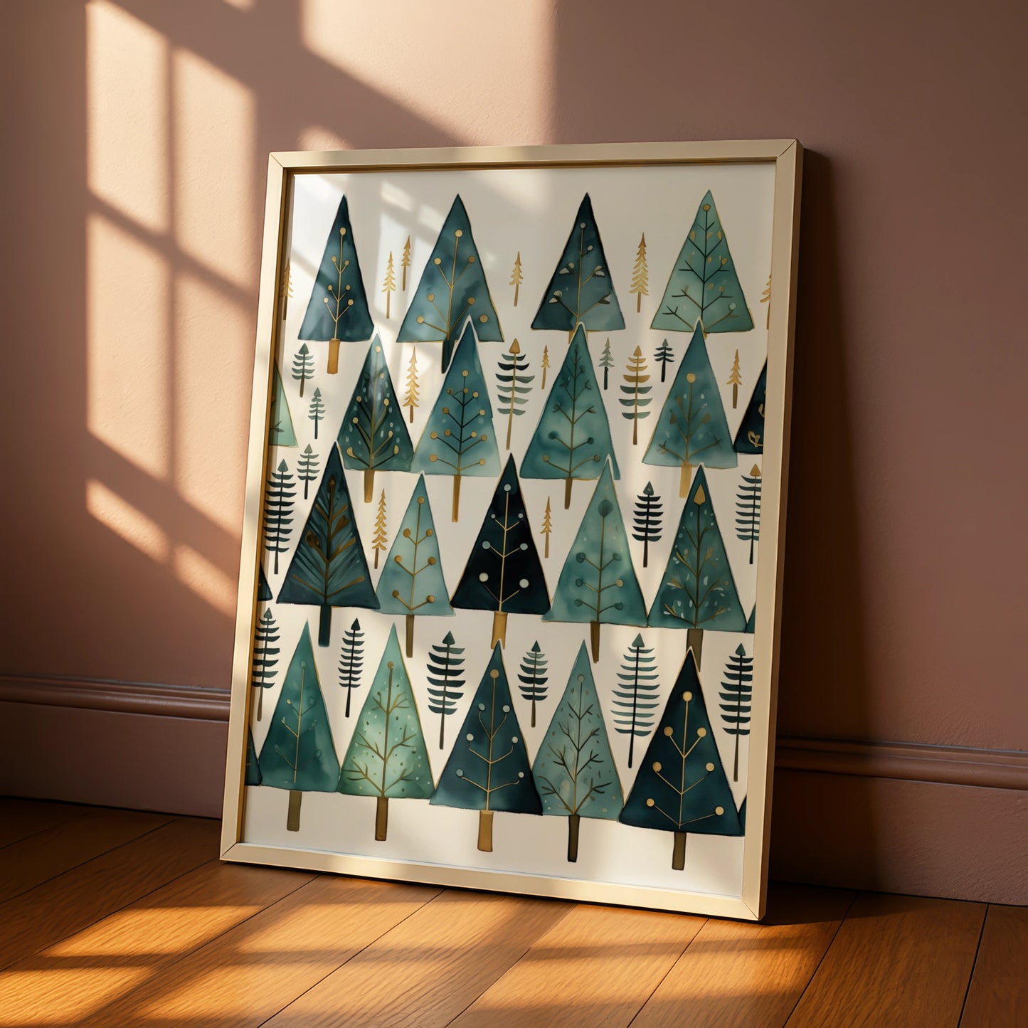 Christmas Tree Poster, Teal Gold Festive Wall Art, Minimalist Xmas Pine Forest Print