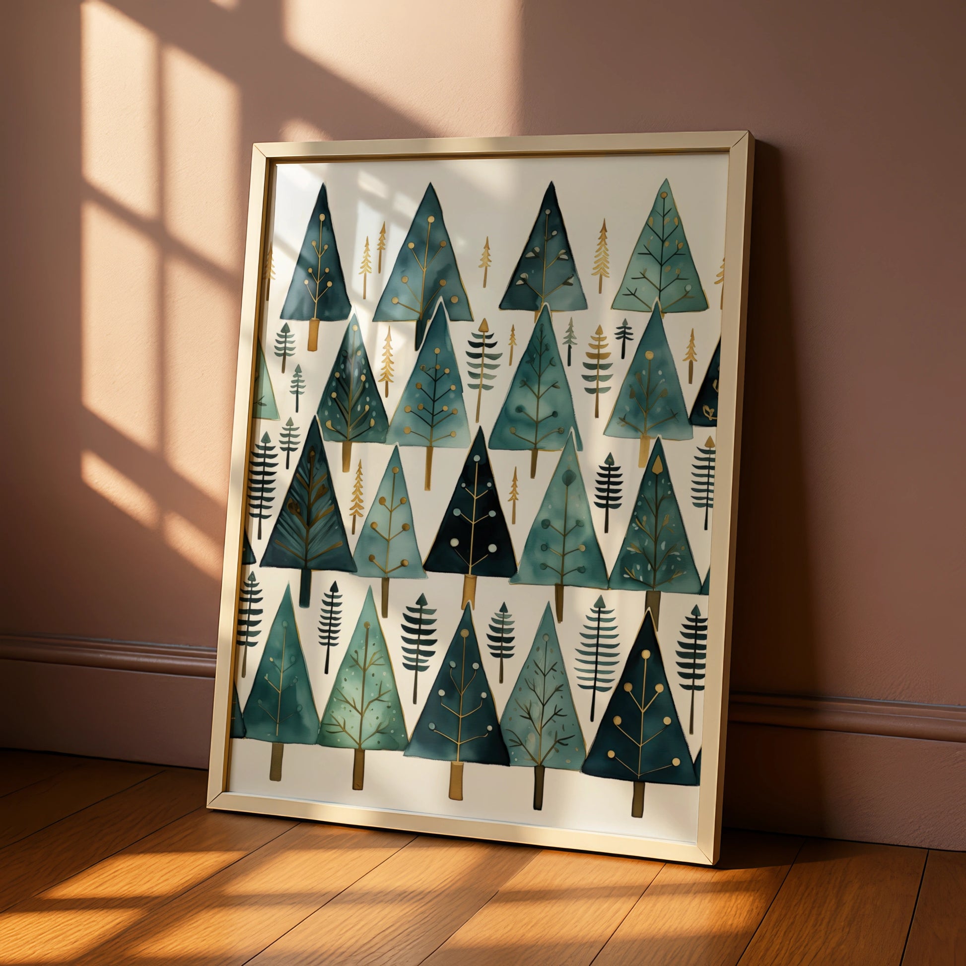 Christmas Tree Poster, Teal Gold Festive Wall Art, Minimalist Xmas Pine Forest Print