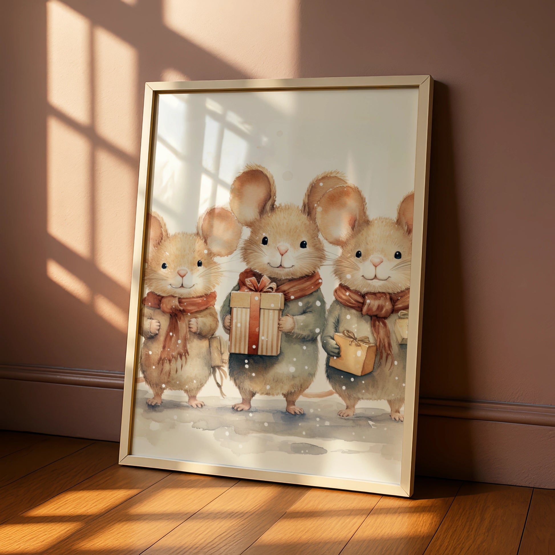 Christmas Mouse Poster, Cute Mice with Gifts Winter Wall Art, Watercolour Xmas Animal Print