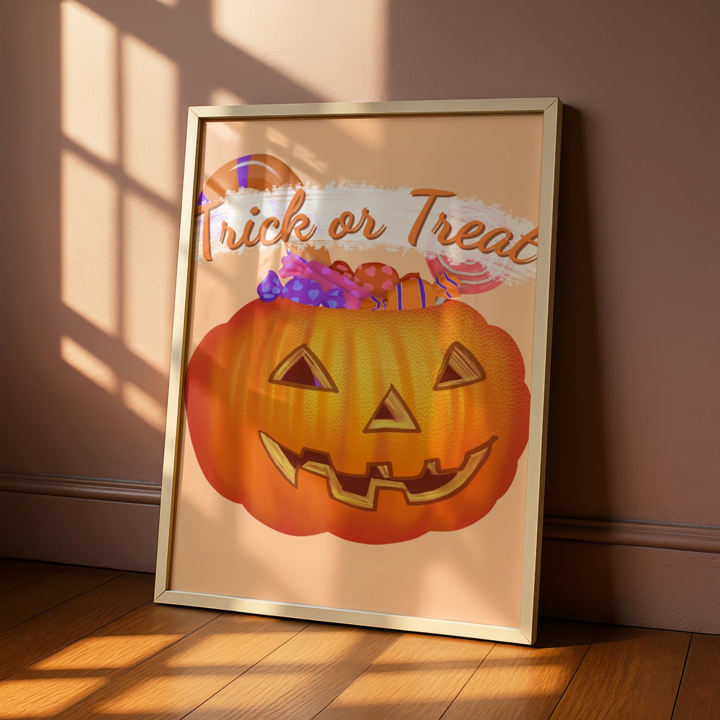 Trick or Treat Halloween Poster, Jack-o-Lantern Candy Print, Pumpkin Wall Art