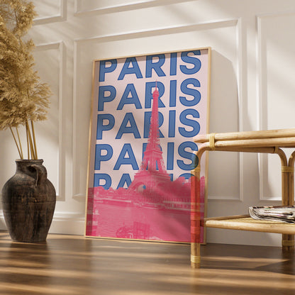 Paris Travel Poster, Eiffel Tower Wall Art, Retro France Print, Pink Blue Modern City Decor