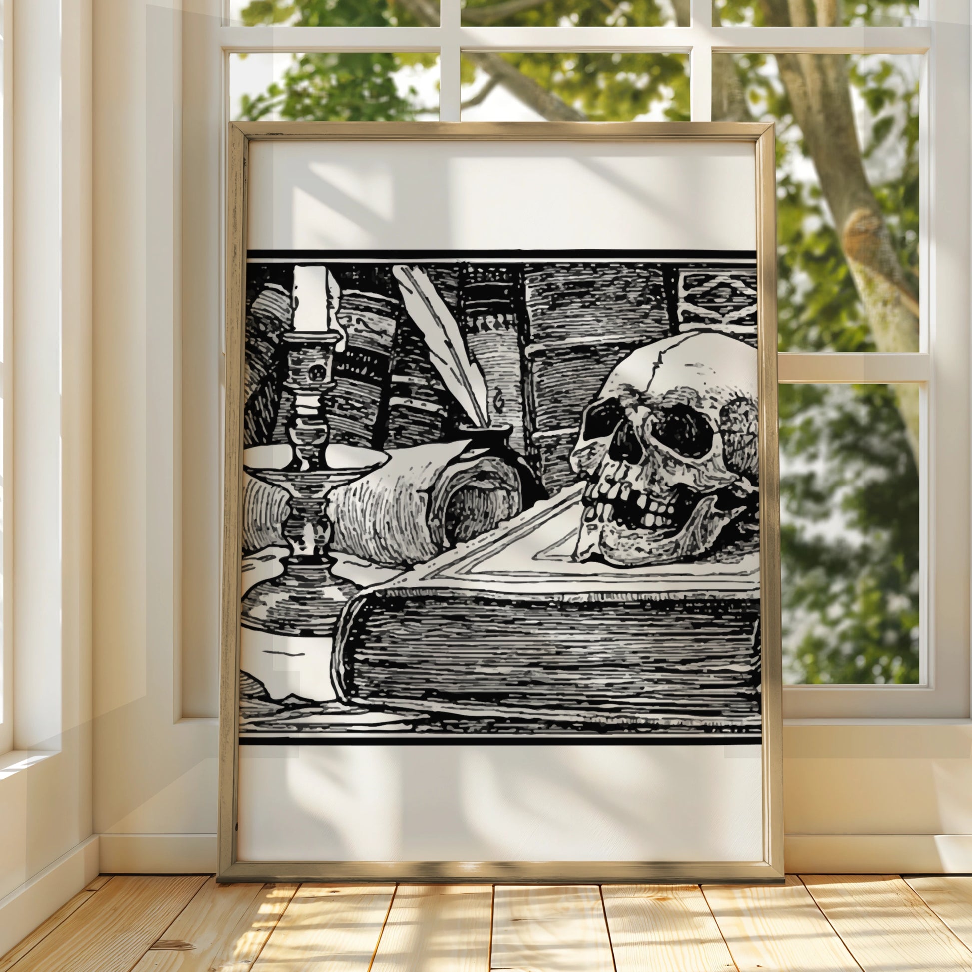 Halloween Skull Vanitas Poster, Gothic Black White Wall Art, Spooky Dark Academia Print