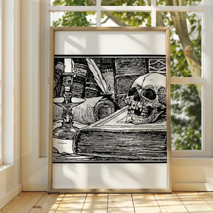 Halloween Skull Vanitas Poster, Gothic Black White Wall Art, Spooky Dark Academia Print