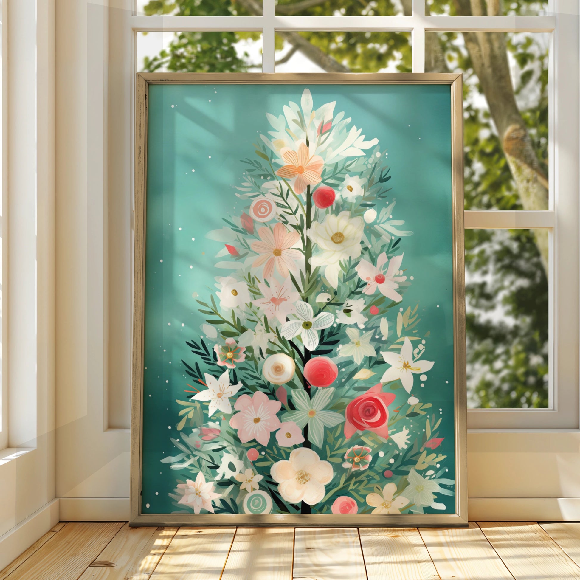 Floral Christmas Tree Poster, Botanical Xmas Wall Art, Pastel Teal Festive Print