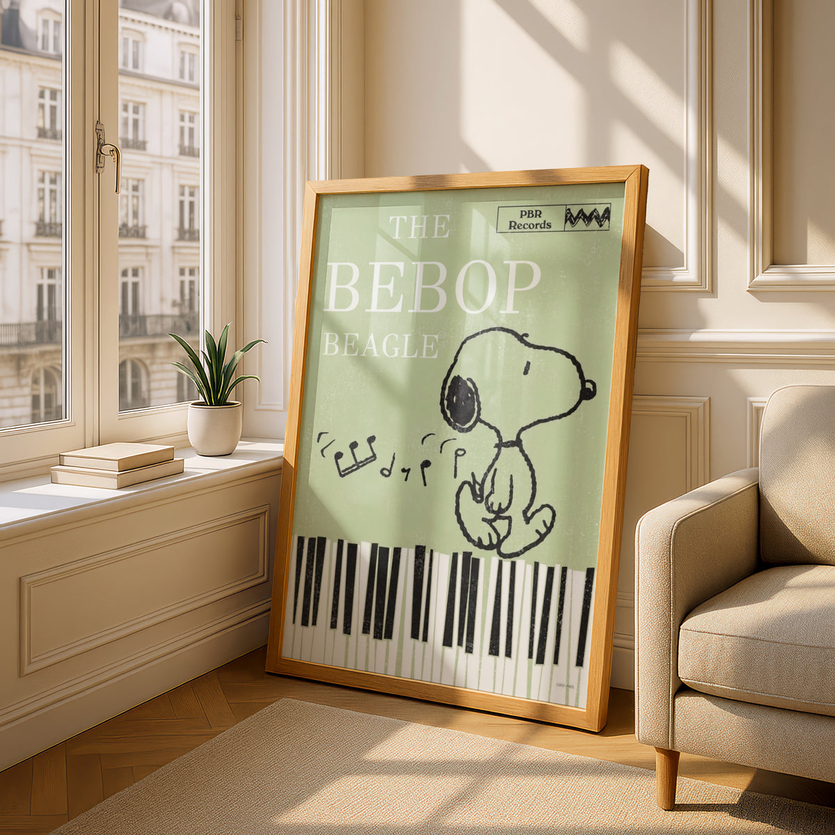 Bebop Beagle Jazz Poster, Retro Cartoon Dog Piano Keys Wall Art, Sage Green Music Room Decor
