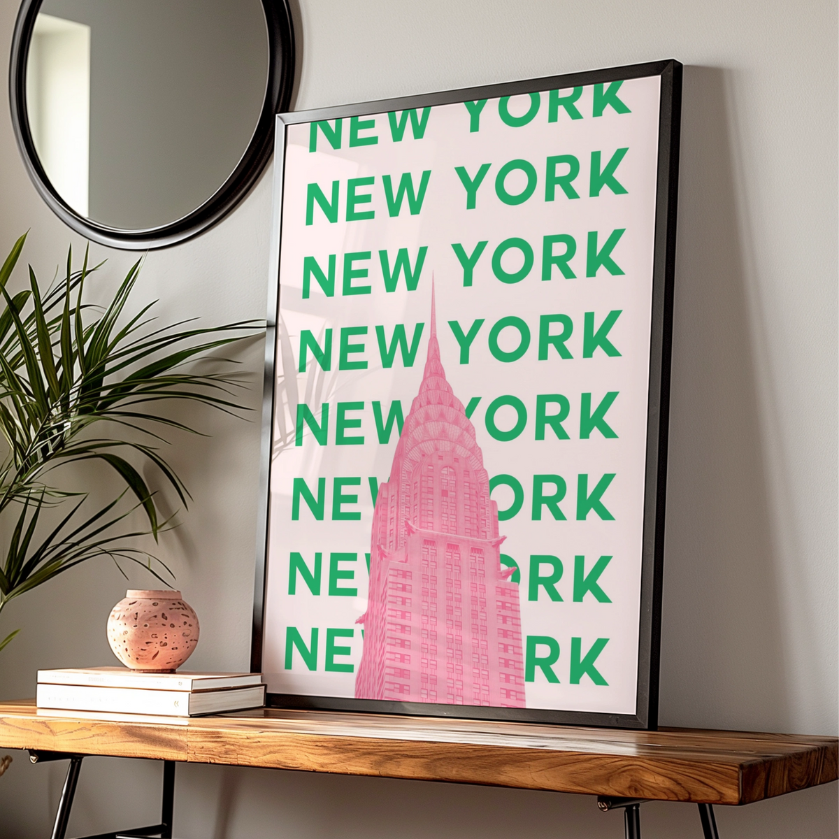 New York Travel Poster, NYC Retro Wall Art, Chrysler Building Pink Green Print