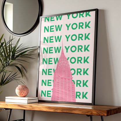New York Travel Poster, NYC Retro Wall Art, Chrysler Building Pink Green Print