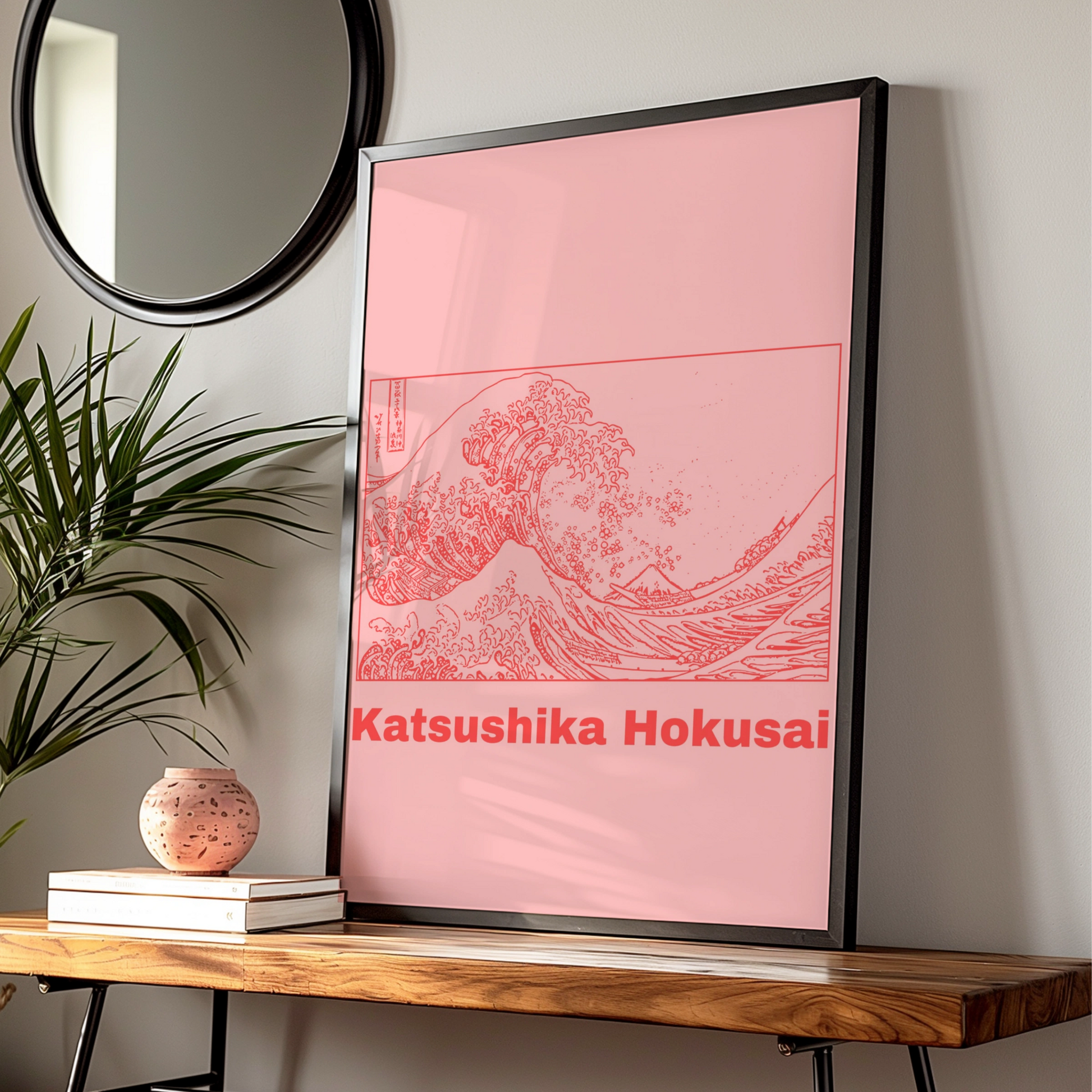 Hokusai Great Wave Poster, Japanese Woodblock Wall Art, Pink Red Maximalist Print
