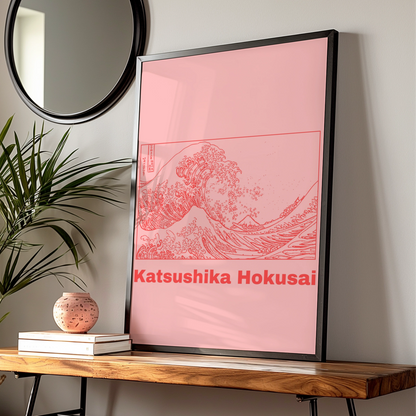 Hokusai Great Wave Poster, Japanese Woodblock Wall Art, Pink Red Maximalist Print