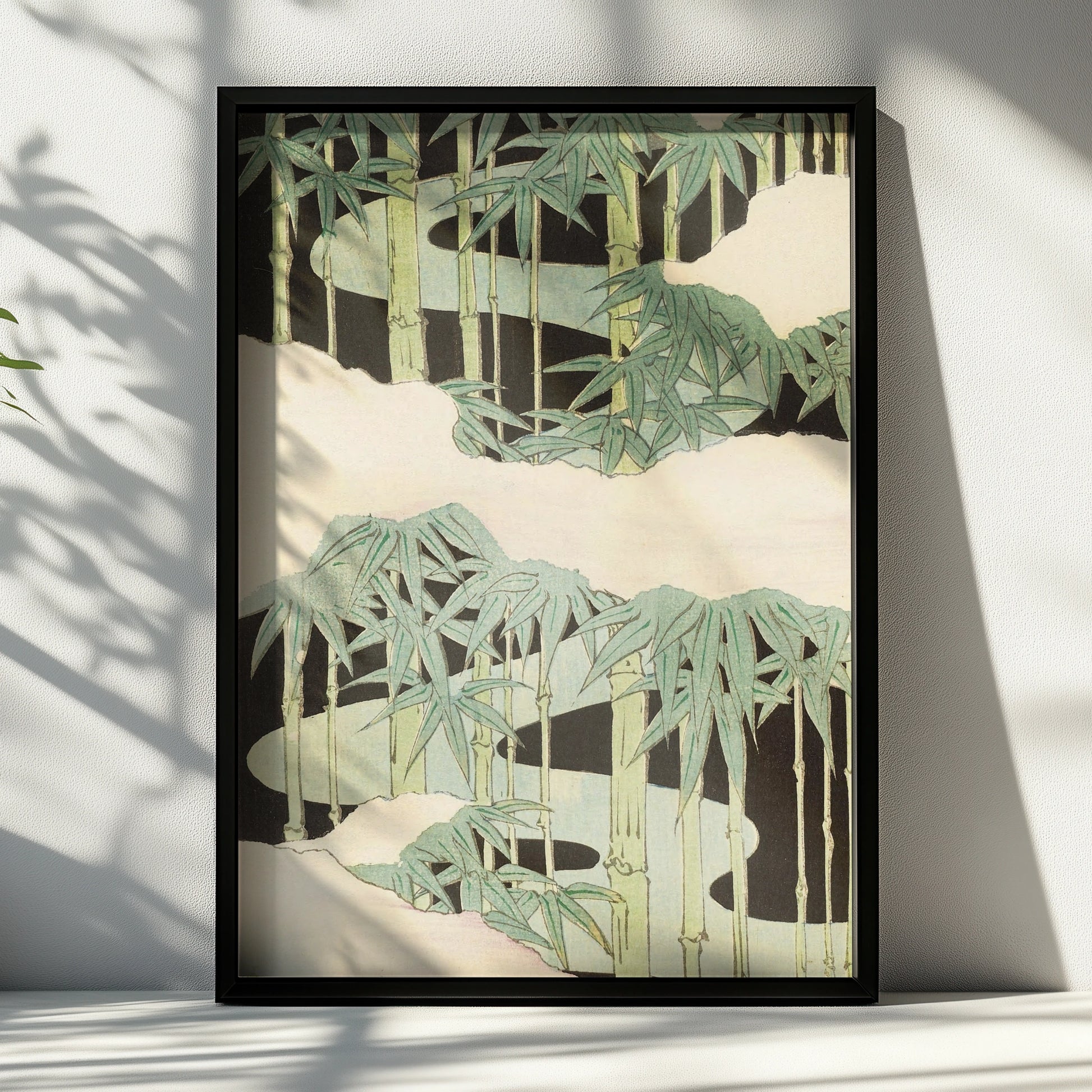 Japanese Bamboo Woodblock Wall Art, Vintage Japandi Botanical Print, Minimalist Green Poster – A4 Black frame
