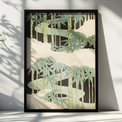 Japanese Bamboo Woodblock Wall Art, Vintage Japandi Botanical Print, Minimalist Green Poster – A4 Black frame
