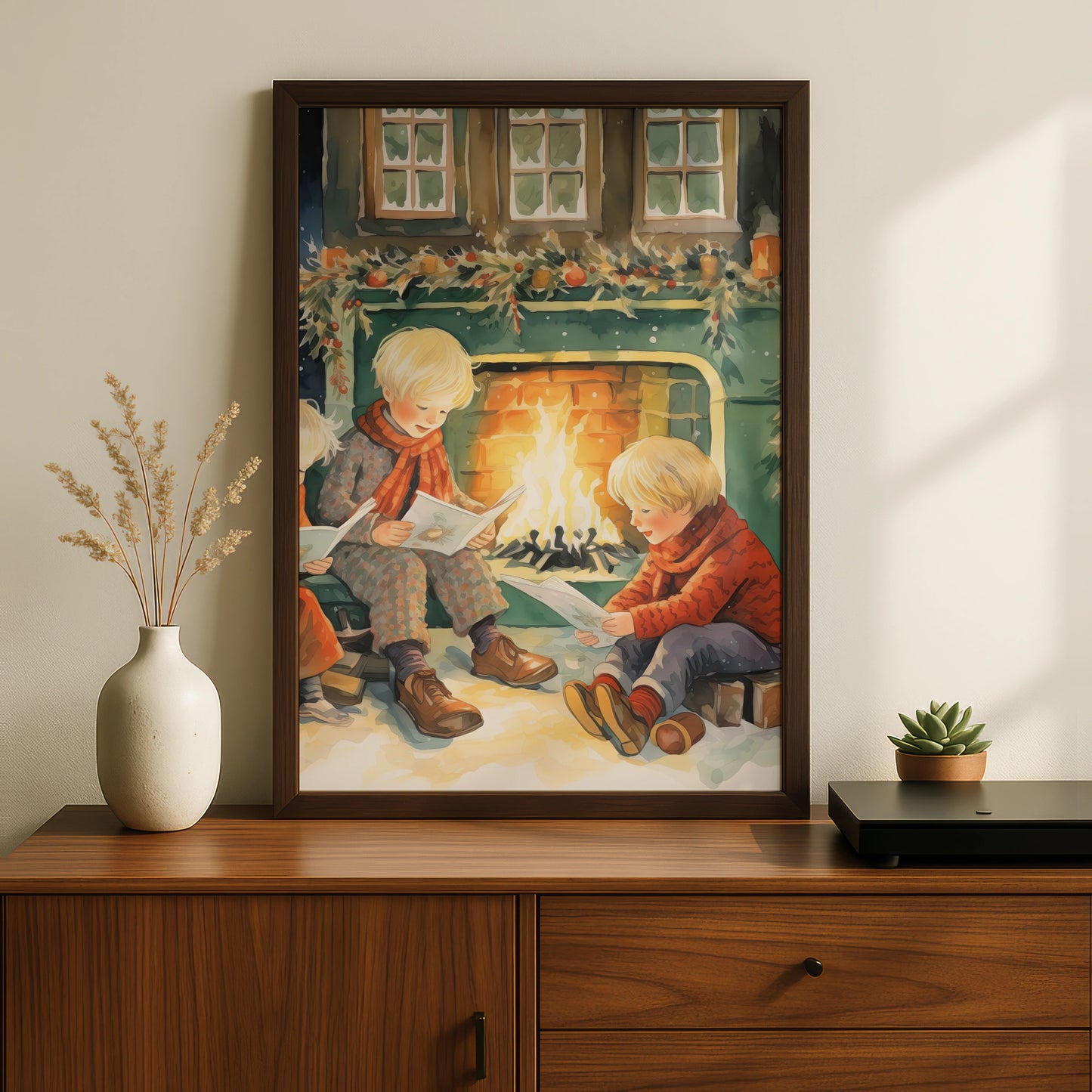 Christmas Fireplace Poster, Children Reading by Fire, Vintage Festive Wall Art Print