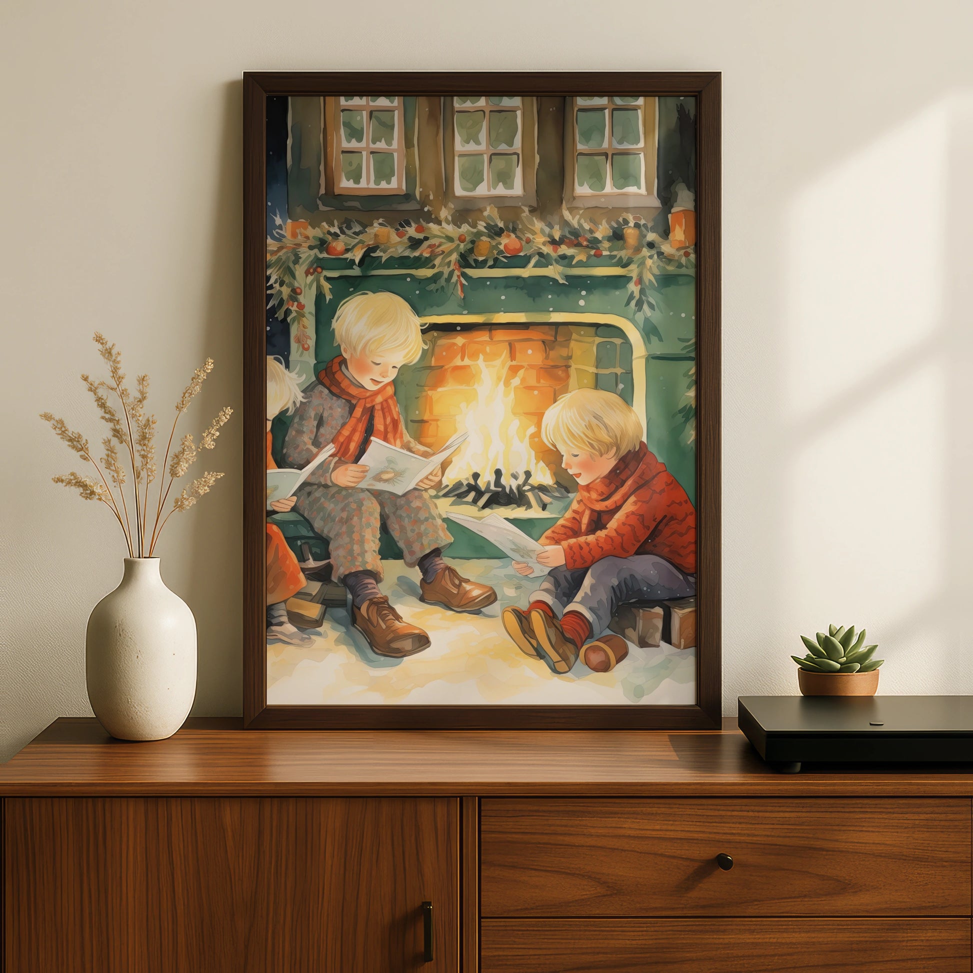 Christmas Fireplace Poster, Children Reading by Fire, Vintage Festive Wall Art Print